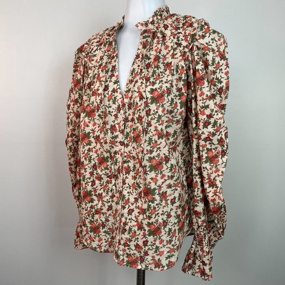 Free People Top XS Floral Orange Green Puff Sleeve Cotton Boho Blouse Women's - Picture 6 of 15
